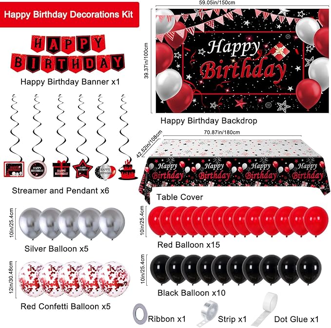 Black and Red Birthday Decorations for Men Women Boys Girls, Black and Red Party Decorations Happy Birthday Banner Backdrop Confetti Silver Balloons Arch Hanging Swirls Party Supplies Tablecloth