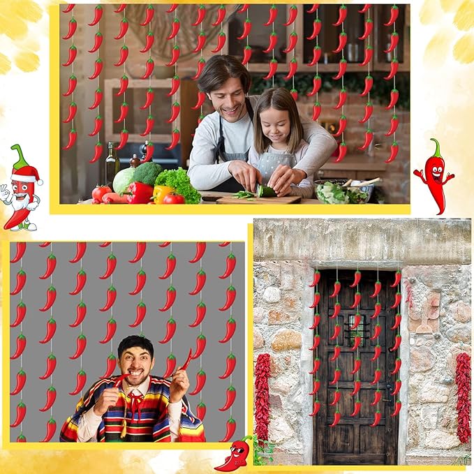 Frienda 8 Pcs Fiesta Cinco De Mayo Decorations Chili Pepper Garlands Fiesta Chili Cook off Hanging Banners Contest Tasting Competition Decor Mexican Kitchen Cook off Party Supplies(Red,Pepper)