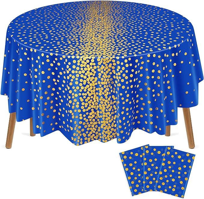 VitalCozy Round Dot Tablecloth 84 Inch Plastic Table Cover Polka Dot Confetti Tablecloths for Easter 2026 Graduation Prom Wedding Birthday Spring Party Supplies(Blue and Gold,3 Pcs)