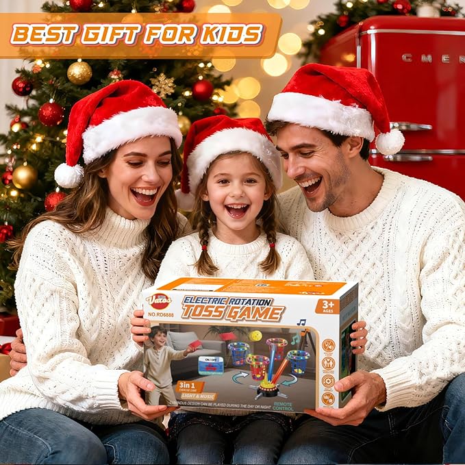 VATOS 3 in 1 Bean Bag & Ring Toss Game, Musical Jumping for Kids, Electric Spinning Base with Remote, Lights, 12 Sandbags, 12 Tossing Rings, 12 Balls, Indoor Outdoor Backyard Sport Toy for Boy Girl 3+