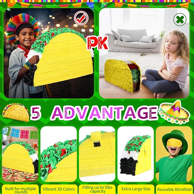 27" Taco Pinata Party Supplies - Large Paper Mache Taco Figurine for Fiesta, Cinco De Mayo, Birthday & Taco Two-Tuesday - Mexican Theme Centerpiece & Interactive Game for Candy & Fillers