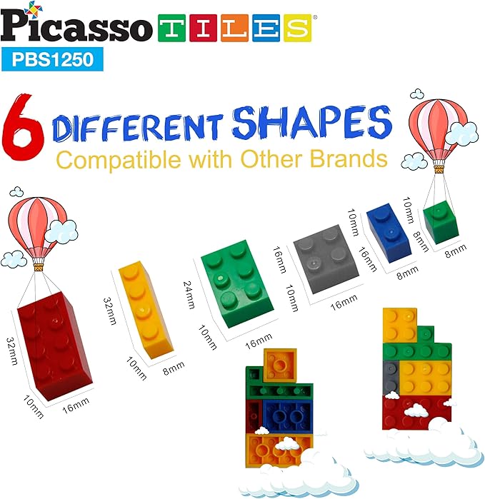 PicassoTiles 1250 PCs Educational Building Block Bricks Tile Set Creative Shapes to Enhance Imaginative Play Unique Set to Characters Learning STEM Toys Washable for Learning Education Ages 3+ PBS1250