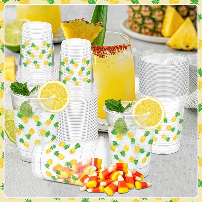 50Pcs Pineapple Cups, 12oz Pineapple Clear Plastic Cups for Yellow Fruit Themed Party Decorations Baby Shower Birthday Summer Tropical Party Supplies