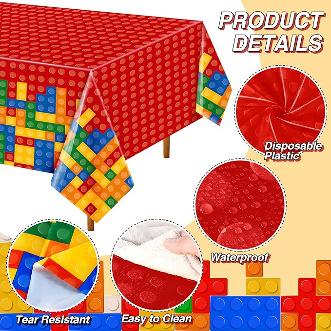 Oudain 4 Pcs Building Block Tablecloths - Colorful Birthday Party Decorations, 54 x 108 Inch Disposable Plastic Brick Table Cover, Waterproof Themed Party Supplies (Red)