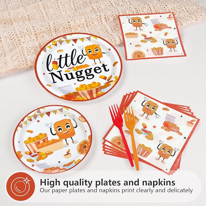 96Pcs Chicken Nugget Themed Party Decoration Chicken Nugget Plates and Napkins Fast Food Fried Chick Tableware Set for Baby Shower Boy Girl birthday Party Supplies, Serves 24