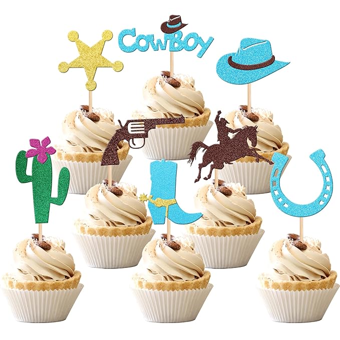 32 PCS Cowboy Cupcake Toppers Glitter HorseShoe Cowboy Hats Boots Cactus Gun Cupcake Picks Western Theme Baby Shower Boys Birthday Party Cake Decorations Supplies