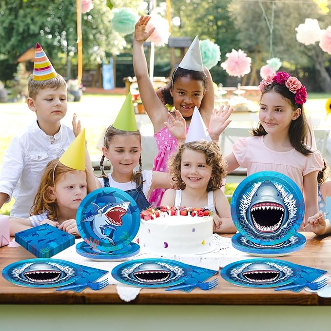 24 Guests Shark Theme Party Decorations Under the Sea Party Tableware Set Shark Baby Shower Plates Napkins and Forks Ocean Birthday Table Decorations Supplies 96Pcs