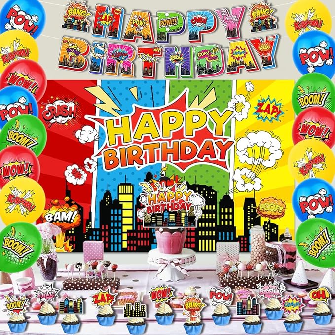 31pcs Superhero Birthday Party Supplies Pack Includes City Hero Theme Backdrop 5X3FT, Banner, Cupcake Toppers,Cake Topper and Balloons for Super Hero Party Decorations
