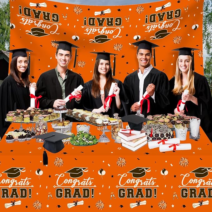 3 Pcs Graduation Tablecloth - Congrats Grad Table Cloth for Class of 2026, Disposable Plastic Rectangle Grad Table Cover for Graduation Party Decorations 2026 and Party Supplies, 54 x 108 Inch,Orange