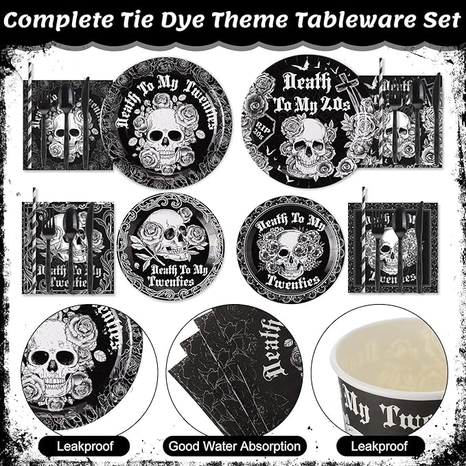 450 Pcs Death to My 20s Tableware Set Black White 30th Birthday Party Decorations Rip to My 20s Paper Plates Napkins Cups Cutlery Straws for Funeral Youth Birthday Supplies, Serves 50