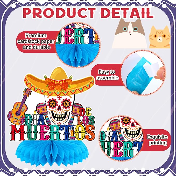 Pickmesh 12 Pieces Day of The Dead Party Decorations Honeycomb Centerpieces Dia De Los Muertos Table Decorations Sugar Skull Guitar Table Topper for Halloween Mexican Day of The Dead Party Favors
