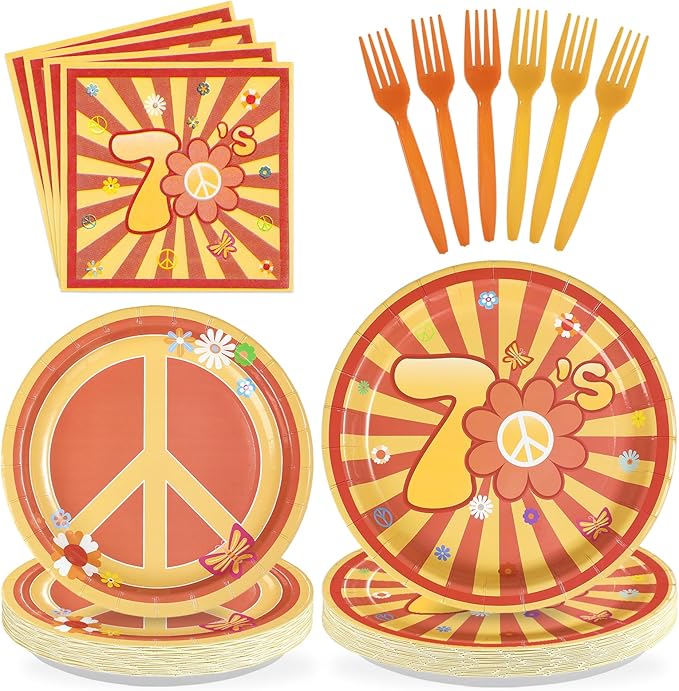 96Pcs 70s Party Decorations Hippie Daisy Flower Plates and Napkins Hippie Peace Symbol Tableware for Baby Girl Theme Groovy Yellow Birthday 70s Retro Baby Shower Party Supplies Serves 24