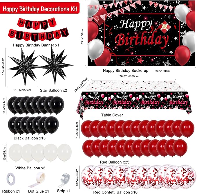 Red Birthday Decorations for Men Women Boys Girls, 75 PCS Red and Black Party Decorations Happy Birthday Backdrop Banner Party Supplies Confetti Star White and Black Balloons Arch Tablecloth
