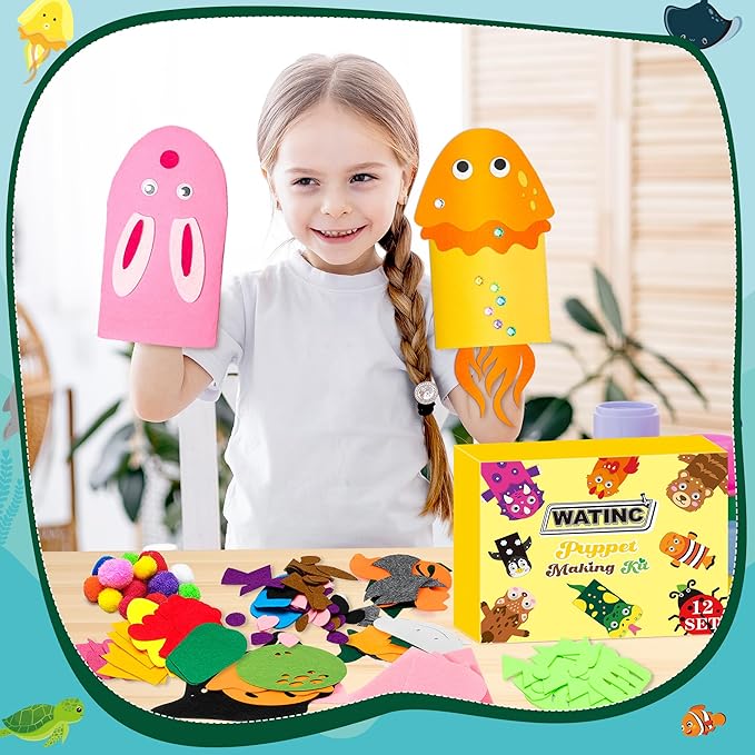 WATINC 12Pcs Hand Puppet Making Kit, Art Craft Felt Sock Puppet Toys, Creative DIY Make Your Own Pompoms Wiggle Googly Eyes Storytelling Role Play Party Supplies Gift for Girls Boys (Animals Ocean A)
