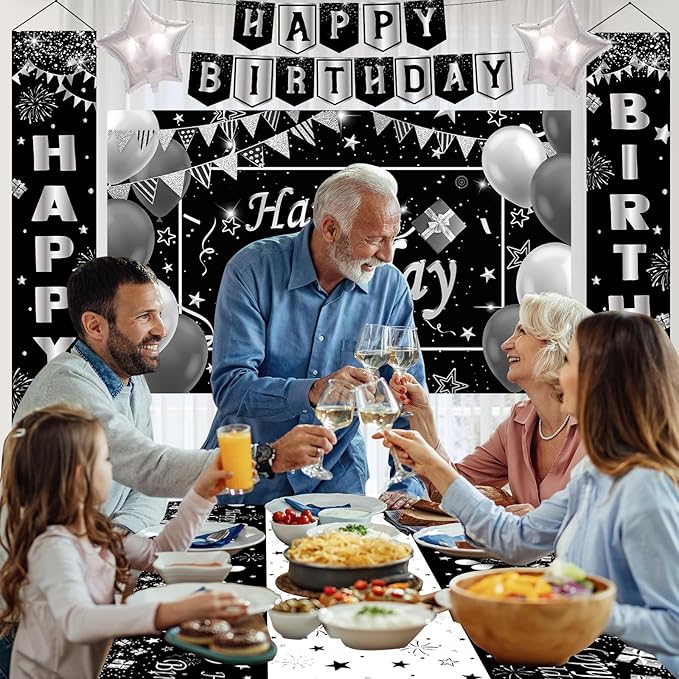 Black Birthday Decorations for Men Women, Black and Silver Party Decorations Boys Girls with Black Happy Birthday Banner Tablecloth Backdrop Porch Sign Door Decorations, Black Bady Party Supplies
