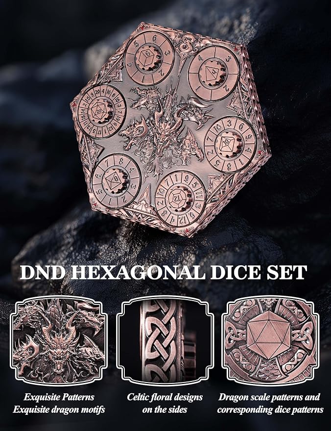 D&D Dice Set,7PCS Metal Dice for Dungeons and Dragons,Mini Dice Set with Pocket Watch Case,Role Playing Board Games Accessories (Dragon, Copper-S)