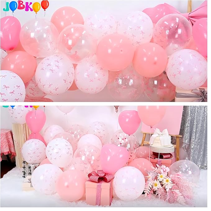 Coquette Pink Bow Balloons Birthday Decorations, 20 In Bobo Light Pale Baby Dusty Pastel Pink and White Balloons Heart Shape Balloon, First Birthday Bow Party Decor for Princess Girl Just Wanna Be One