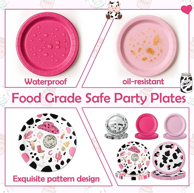 48 Pcs Disco Cowgirl Party Paper Plates, 9" 7" Hot Pink Cow Print Disco Ball Disposable Dessert Plates for Birthday, Baby Shower, Wedding, Western Last Rodeo Bachelorette Party Decorations Supplies