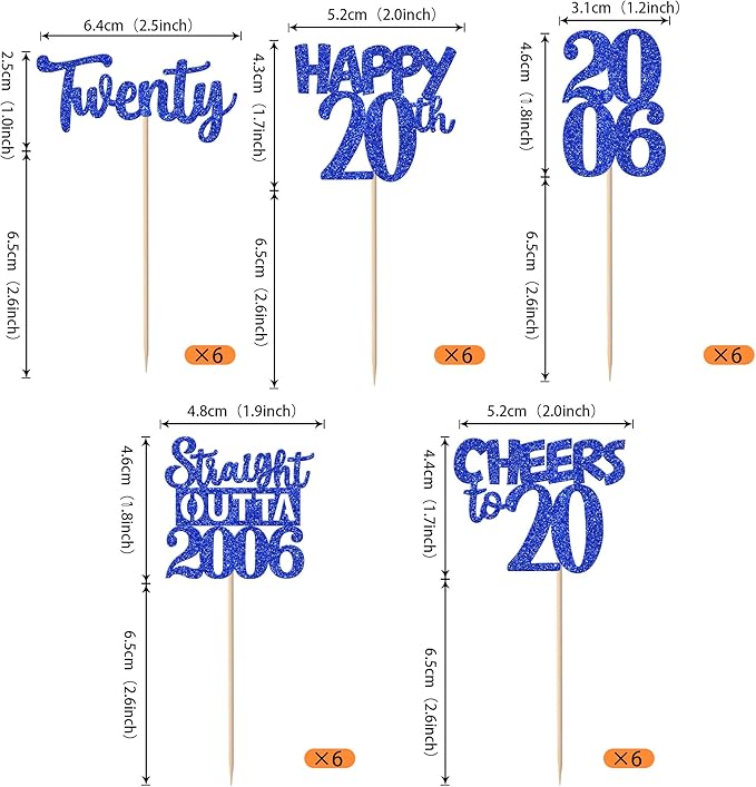 30 PCS 20th Birthday Cupcake Toppers Glitter Twenty Happy 20 Straight Outta 2006 Cupcake Picks for Cheers to 20 Fabulous 20th Birthday Anniversary Party Cake Decorations Supplier Blue