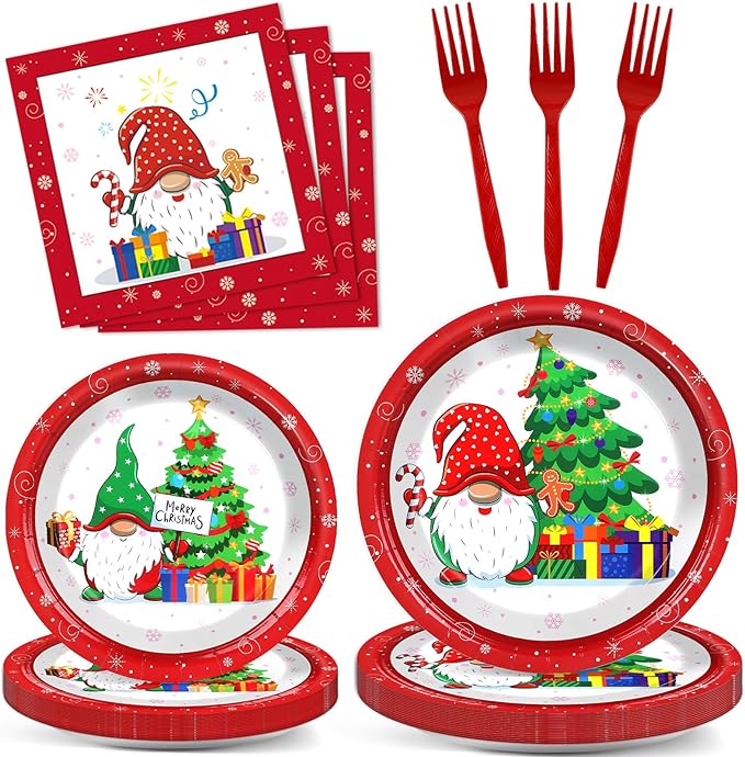 96 Pcs Christmas Party Supplies Paper Plates Napkins Merry Christmas Tree Gnome Party Disposable Tableware Set Decorations Favors for Holiday Xmas Serves 24