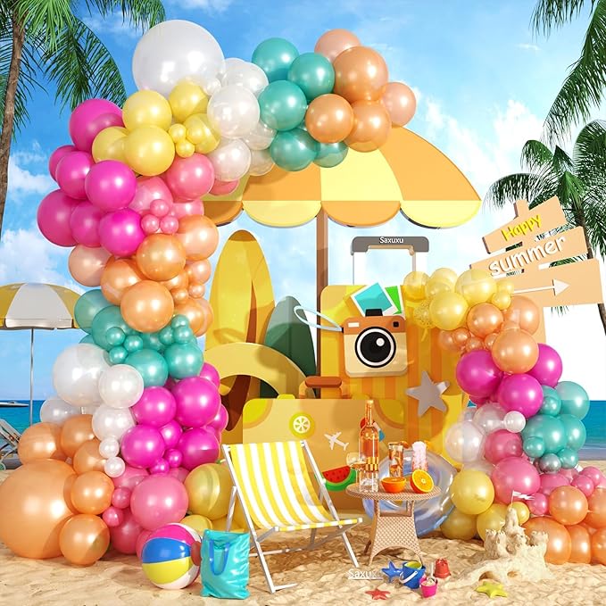 Tropical Balloon Arch Garland Kit, Pearl Yellow White Hot Pink Champagne Gold Teal Balloons for Boys Girls Aloha Luau Pool Party Hawaiian Baby Shower Summer Birthday Party Decorations