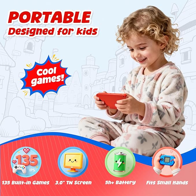 32-Bit Handheld Game Console for Kids & Adults with 135 Preloaded Retro Video Games, 3.0" Color Display, Rechargeable Battery - Portable Mini Travel Toy Gift for Boys and Girls (Red)