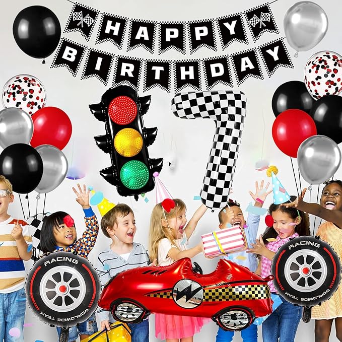 Race Car Birthday Party Decorations, with 40 Inch Number 7 Balloon, Happy Birthday Banner, Traffic Light and Foil Tire Balloon for 7th Car Themed Birthday Party Supplies