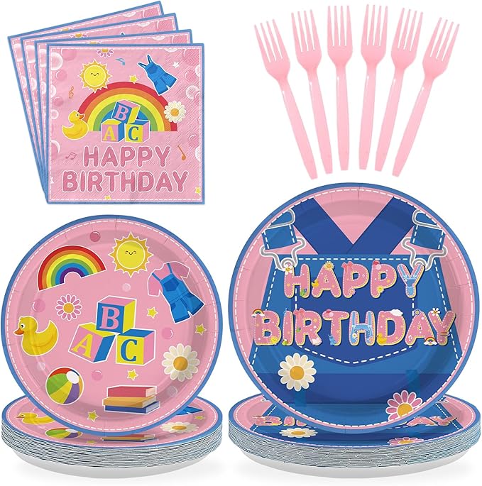 96Pcs Girls Birthday Party Decorations Pink Cartoon Teaching Plates and Napkins Cartoon English Teacher Theme Tableware Set for Girl Birthday Baby Shower Party Supplies，Serves 24