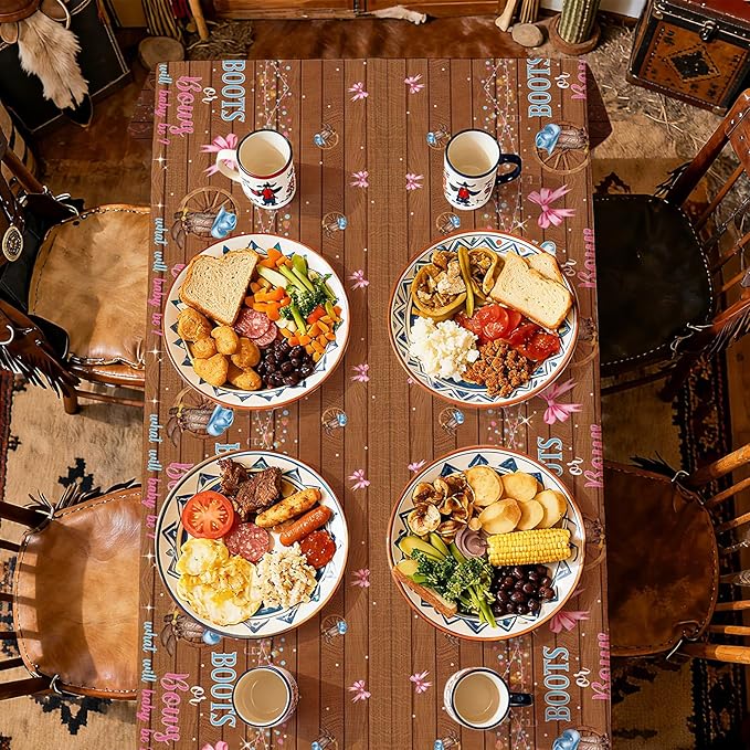 3Pcs Boots or Bows Gender Reveal Tablecloth What Will Baby Be He or She Table Cover Plastic Rectangle Blue or Pink Table Cloth for Western Cowgirl Cowboys Gender Reveal Party Supplies 54" x 108"