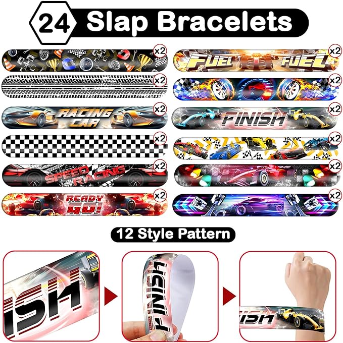 48PCS Race Car Party Bracelets Set | 24 Slap Bracelets + 24 Rubber Bracelets | SuperCar Silicone Wristbands Birthday Party Supplies, Classroom Rewards, Carnival Prizes