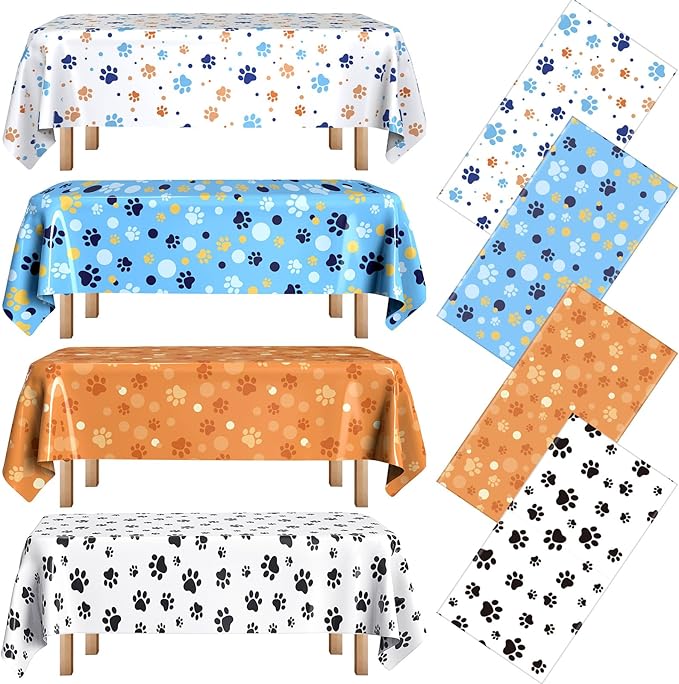 4 Pack Puppy Dog Pet Paw Print Plastic Tablecloth 54 x 108 Inches Blue White Orange Table Cover Paw Print Disposable Rectangle Table Cover for Pet Blue Dog Birthday Party Supplies