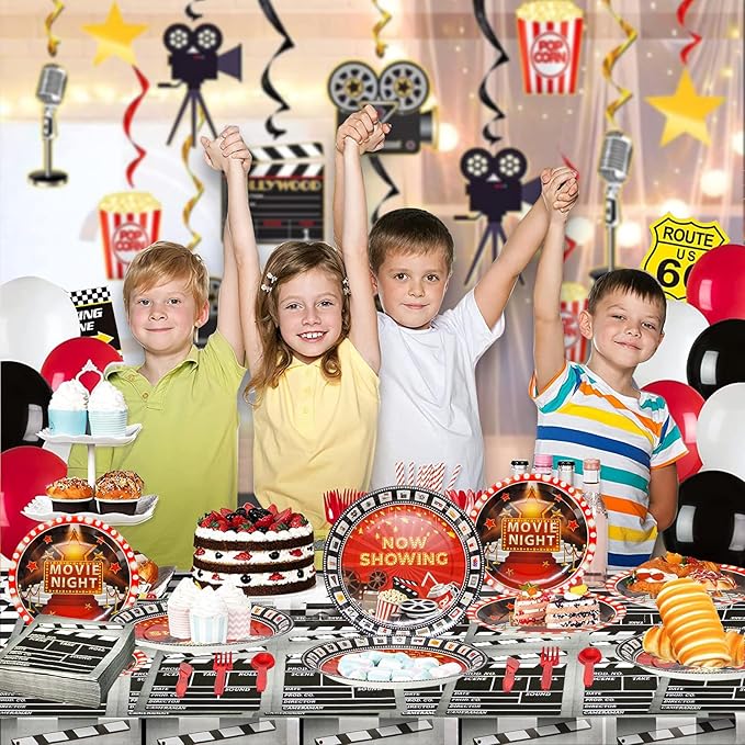 180Pcs Movie Night Party Supplies Paper Plates and Napkins Serve 60 Disposable Tableware Set for Birthday Party Decorations Game Day Family Holiday Sports Events