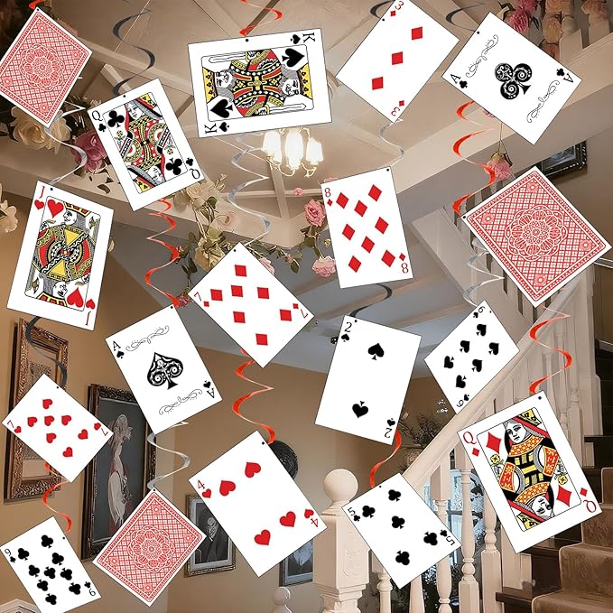 30Pcs Wonderland Tea Party Hanging Swirls Poker Cards Hanging Swirls Wonderland Theme Party Decoration Poker Cards Ceiling Streamers Banner Decor for Birthday Baby Shower Casino Party Supplies