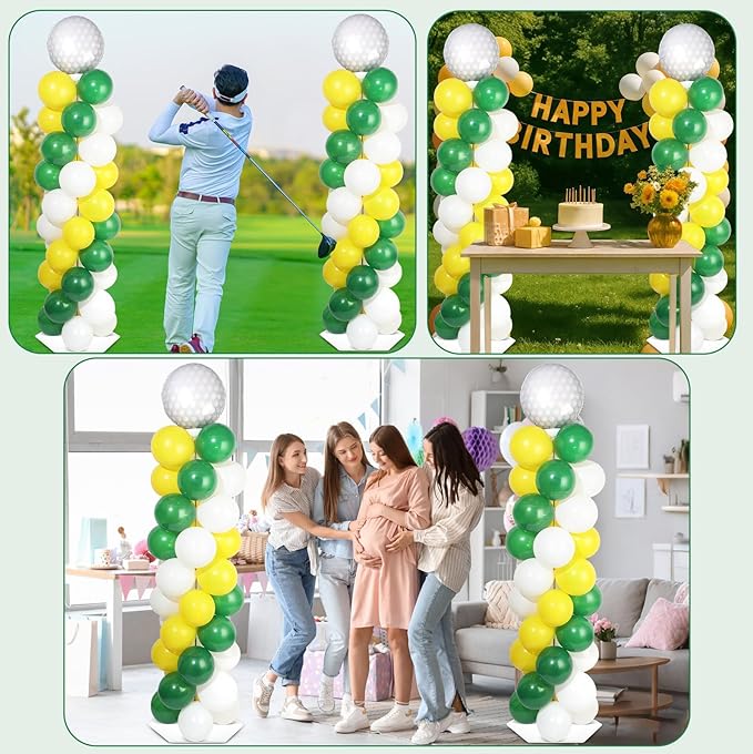 2 Sets Golf Ball Balloon Column Stand Kit with 102 Balloons Sport Themed 5.57ft Adjustable Balloon Tower Stand with Bases Golf Ball Balloons Arch Column for Men Retirement Birthday Party Supplies