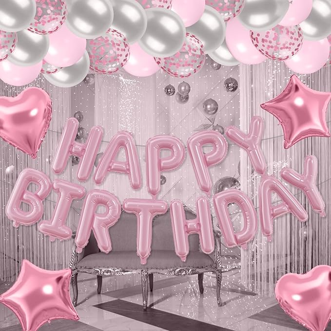 29PC Pastel Pink Happy Birthday Balloons Banner, 16 Inch Aluminum Letter Banner Sign, Pink Silver Confetti Balloon 18 Inch Star Heart Foil Balloon for Women, Girls Birthday Party Supply
