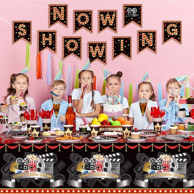 Tiamon 171 Pcs Movie Night Party Supplies Serves 24 Include Movie Theater Tablecloth Now Showing Banner TV Show Theme Plates and Napkins Tableware Set for Red Carpet Birthday Party Decorations