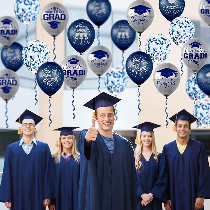 Whaline 60Pcs Graduation Party Balloon Set 7 Designs Confetti Latex Balloon with 2 Rolls Ribbon Grad Cap Congrats Grad Balloon for Graduation Party Decor Supplies (Navy Blue, Silver)