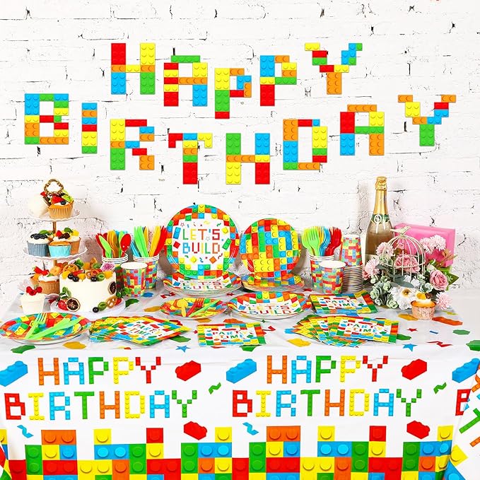 Gejoy 171 Pcs Building Block Birthday Party Supplies Tableware Kit Include Plates Cups Knives Forks Spoons Napkins Tablecloths Banner for Girls Birthday Party Decoration Serve 24 Guest (Classic Color)
