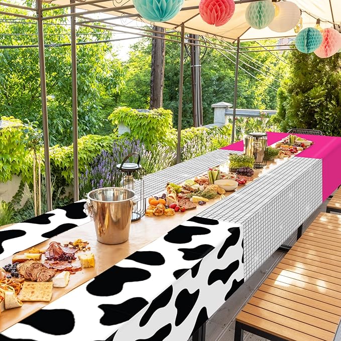 CHUNNIN 4PCS Disco Cowgirl Party Decorations Pink Cowgirl Tablecloth Cow Print Western Party Supplies Pink Disco Ball Plastic Table Cover Disposable for Girls Birthday Bachelorette 80s 90s Favors