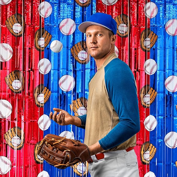 2 Pack Baseball Tinsel Foil Fringe Curtains Backdrop Party Decorations, Blue and White Red Door Streamers Banner Sports Themed Birthday Party Decor Supplies for Boys Favor