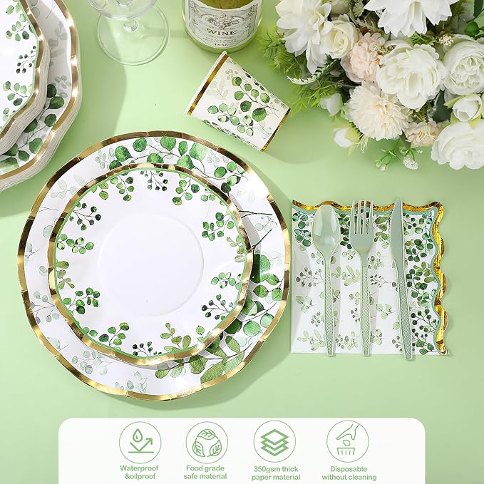 350 Pcs Sage Green Party Supplies Tableware Set Disposable 9'' 7'' Paper Plates 9 oz Cups Cutlery Napkins Dinnerware Set for Wedding, Bridal Birthday Serve 50 (Sage, Green, Gold)