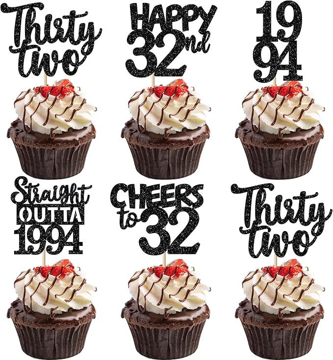 30PCS Black 32nd Birthday Cupcake Toppers Glitter Thirty Two Happy 32nd Straight Outta 1994 Cupcake Picks for Cheers to 32 Years Birthday Wedding Anniversary Party Cake Decorations Supplies