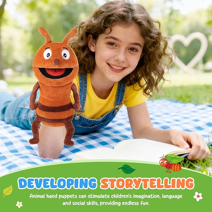 Animal Hand Puppets 11 Inch Insect Plush Ladybug Ant Dragonfly Caterpillar Puppet Toys Role-Play Puppets for Kids Storytelling Imaginative Pretend Play Teaching Preschool(Ant)