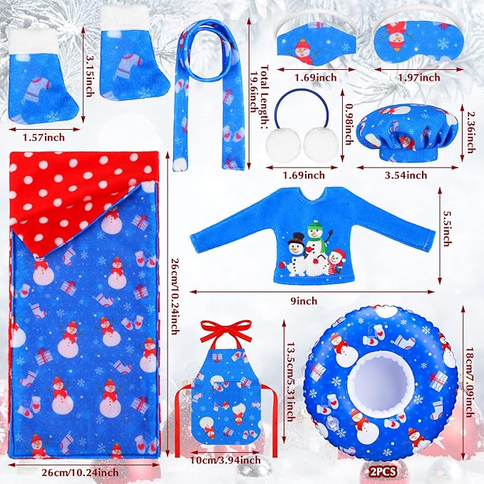 Kacctyen 11 Pcs Christmas Accessories Include Doll Sleeping Bag Apron Chef Hat Ear Muffs Scarf Hoodie Eye Mask Socks Mask with Inflatable Snow Tube Snowmen Clothes(Snowman Style)
