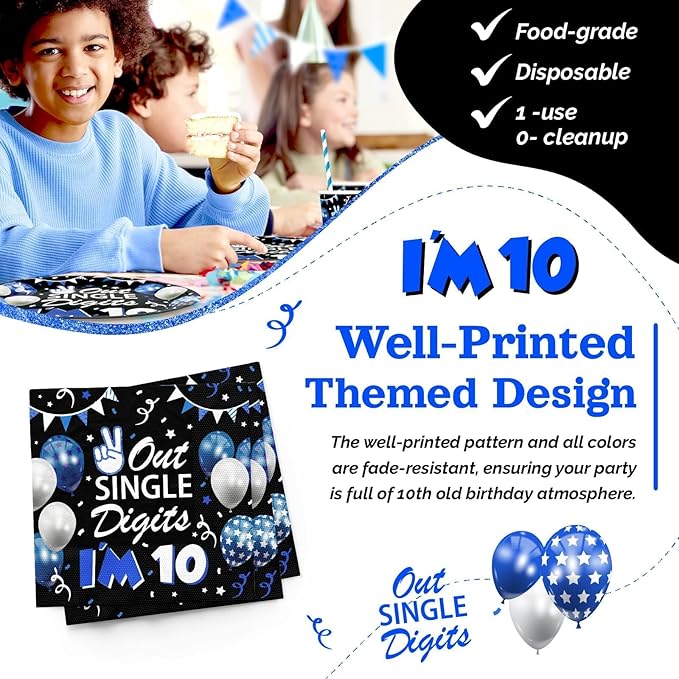 10th Birthday Decorations for Boys, 10 Year Old Boy Birthday Decorations Party Supplies, 120Pcs Double Digits Happy 10th Birthday Includes Paper Plates, Napkins, Cups and Straws | Serves 24