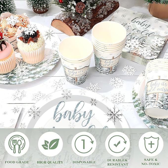 Hushee 200 Pcs Cold Outside Baby Shower Paper Plates Cups Napkins Party Supplies Tableware Set Disposable Cup Napkin for 50 Guest Party Decoration