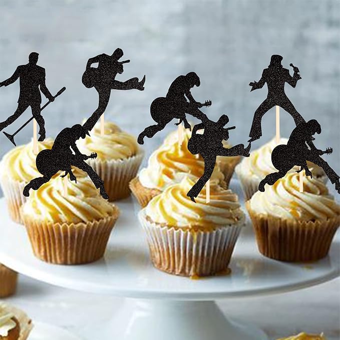 24 PCS Rock Band Cupcake Toppers Black Glitter Rock Pop Music Theme Cupcake Picks Music Concert Theme Birthday Party Cake Decorations Supplies