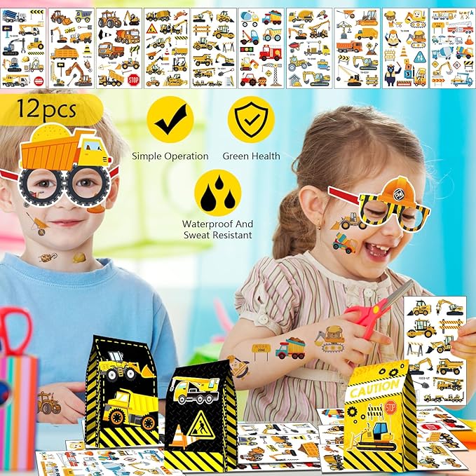 Construction Party Favors Supplies -Including Paper Glasses Gift Bag Tattoo Stickers Shovels Slap Bracelets Silicone Wristbands DIY Stickers Stampers, for Digger Theme Kids Students' Party Fillers
