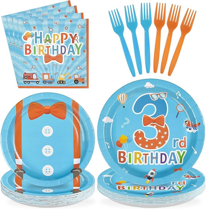 96Pcs Blue Orange 3rd Birthday Decorations Cartoon English Teacher Plates and Napkins Cartoon Theme Third Birthday Decorations Favors for Kids Three Years Old Back to School Party Supplies Serves 24