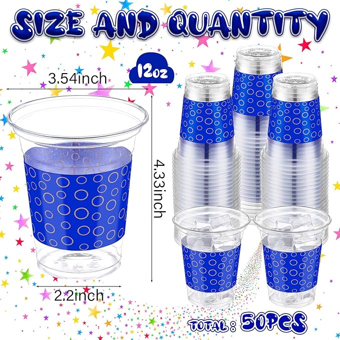 CHENGU 50 Pcs Blue and Gold Ring Plastic Cups 12 oz Disposable Cups Hedgehog Theme Party Drinkware Supplies Cartoon Video Game Party Favors for Birthdays, Themed Events